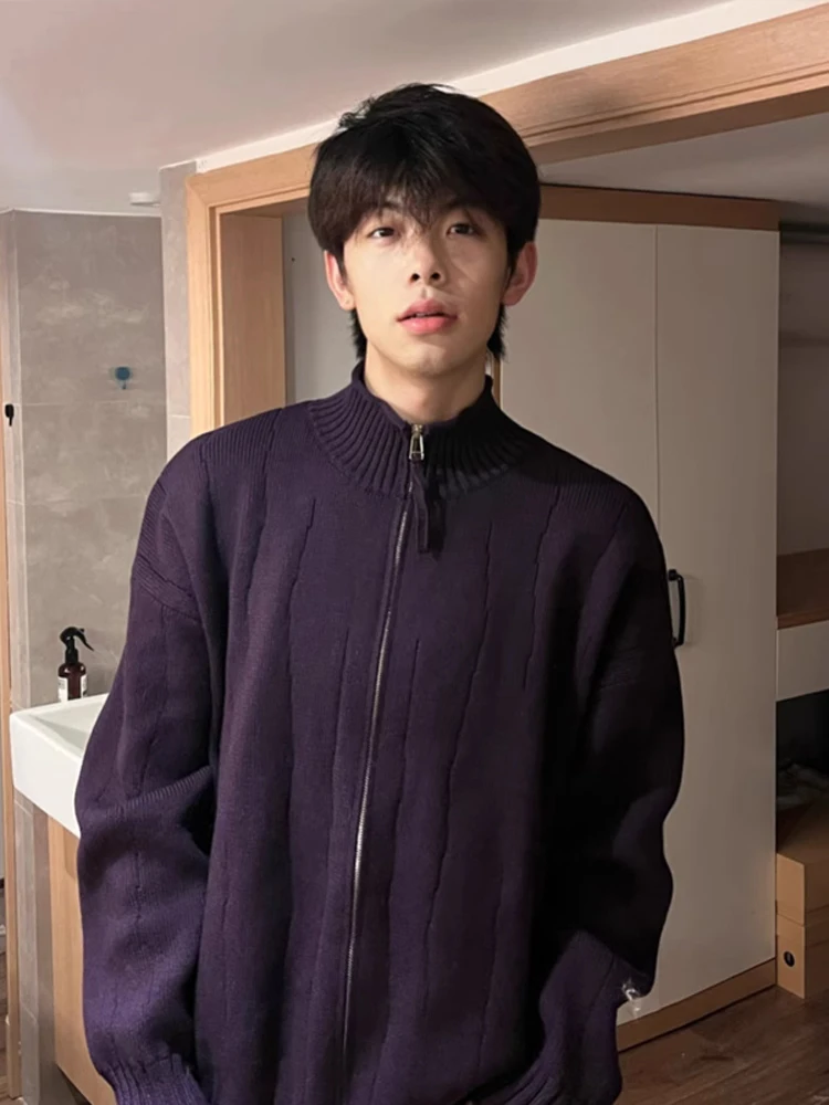 

Мужской вязаный кардиган Purple Plum с высоким воротником, весенне-осенний свитер-жакет, модная брендовая одежда из пряжи, повседневная одежда