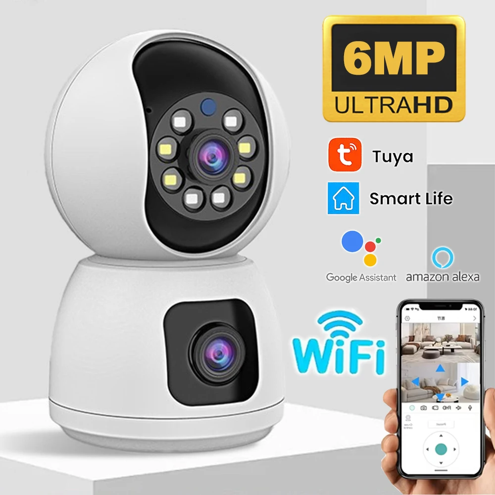6MP Tuya 2.4G/5G Dual Band WiFi Camera, 4K HD PTZ Dual Lens Indoor Camera with Auto Tracking & Dual Screen Security Surveillance