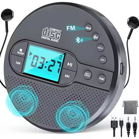 2000mAh Rechargeable Discman CD Player with Bluetooth, FM, Headphones, LCD, AUX, Speaker, USB - Anti-Skip, Portable for Car