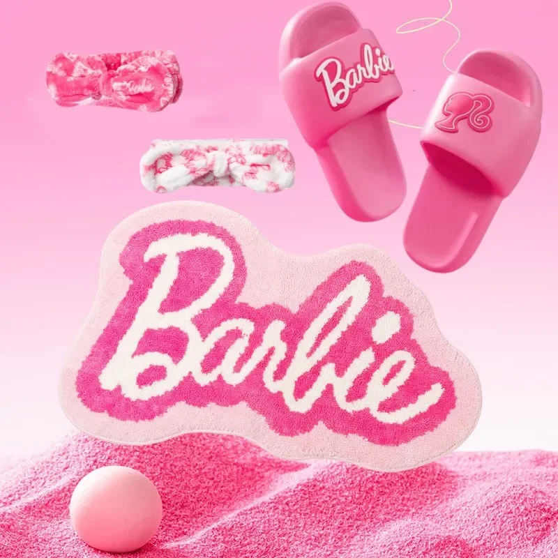 Cartoon Miniso Barbie Carpet Household Bathroom Quick Dry Anime Thick Sole Non Slip Outdoor Slippers Kawaii Sweet Girl Hairband