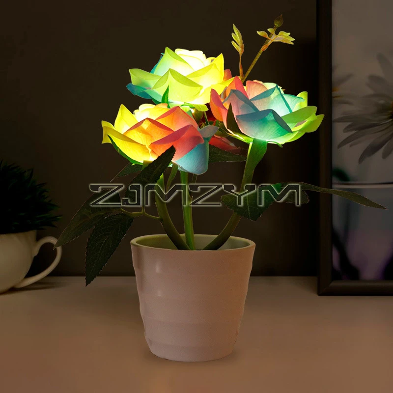 LED Rose Flower Lamp Simulation Bonsai Flowerpot Potted Plant Atmosphere Light Home Office Living Room Decor