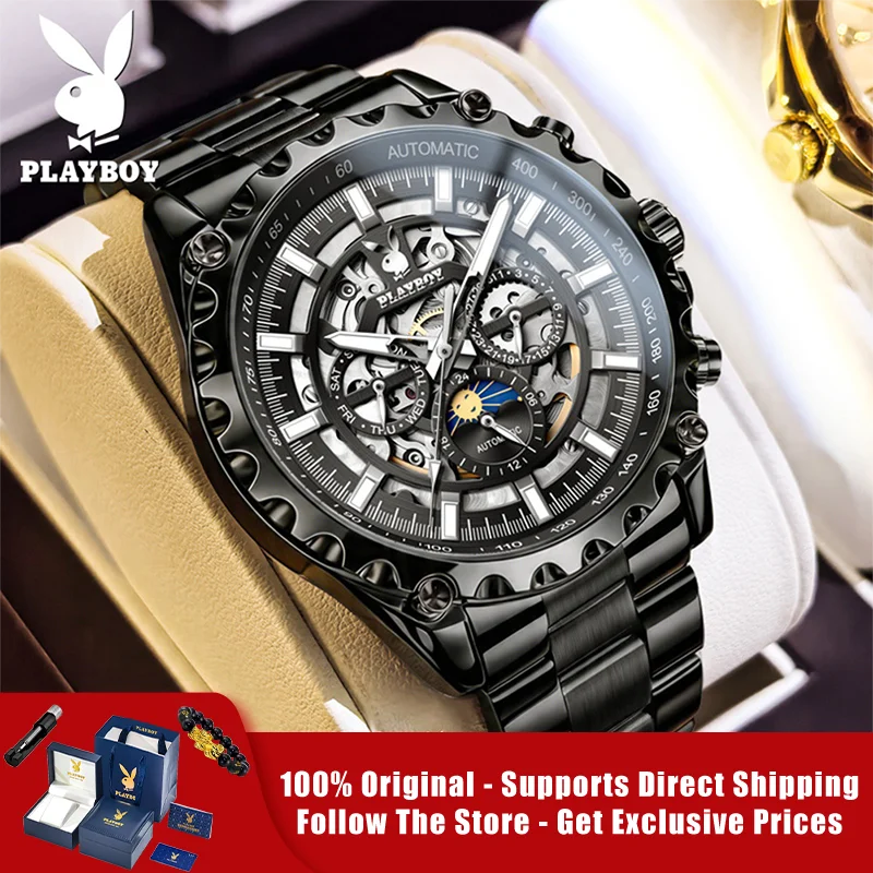 

PLAYBOY 3551 Brand original authentic watches for man luxury Gift Box Steel belt hollow mechanical men's watch