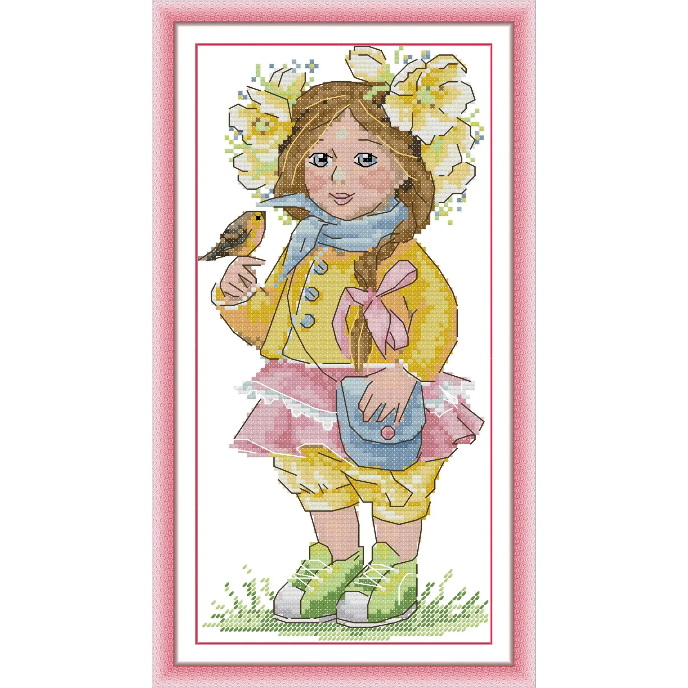 Joy Sunday Pre-printed Cross Stitch Kit  Easy Pattern Aida  Stamped Fabric Embroidery Set-Spring Girl