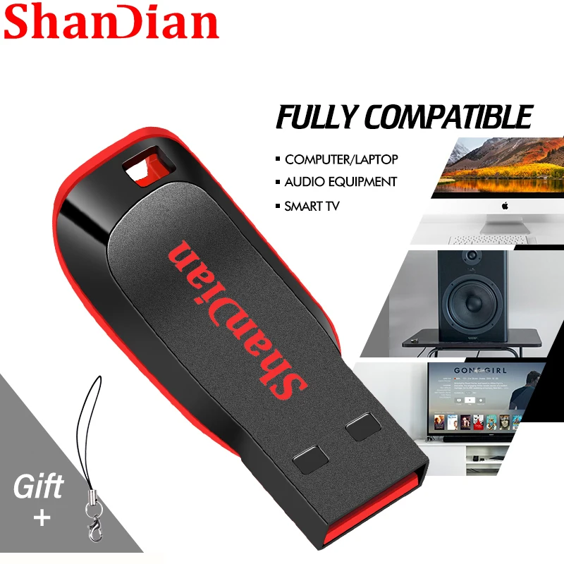 SHANDIAN High Speed Genuine USB Flash Drive 128GB Black Pen Drive with Bonus Keychain 64GB Memory Stick 32GB Business Gift 16GB