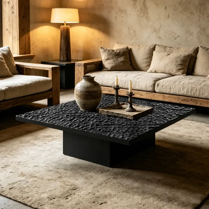 Medieval Walnut Solid Wood Coffee Table Wabi Sabi Hammered Pattern Tea Table Advanced Living Room Large Square Low Table