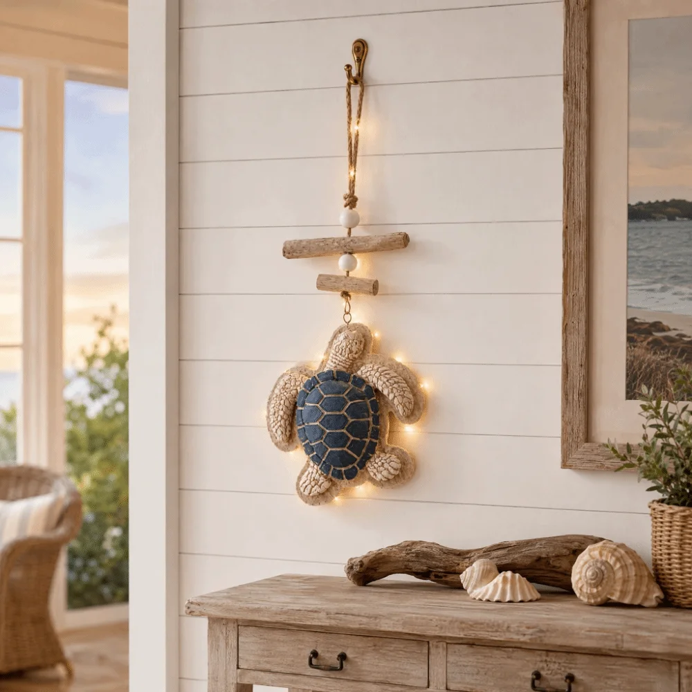 Wooden Resin Sea Turtle Hanging Decor Vintage Lighted Coastal Wall Ornament Rustic Driftwood Wooden Turtle Pendant Living Room