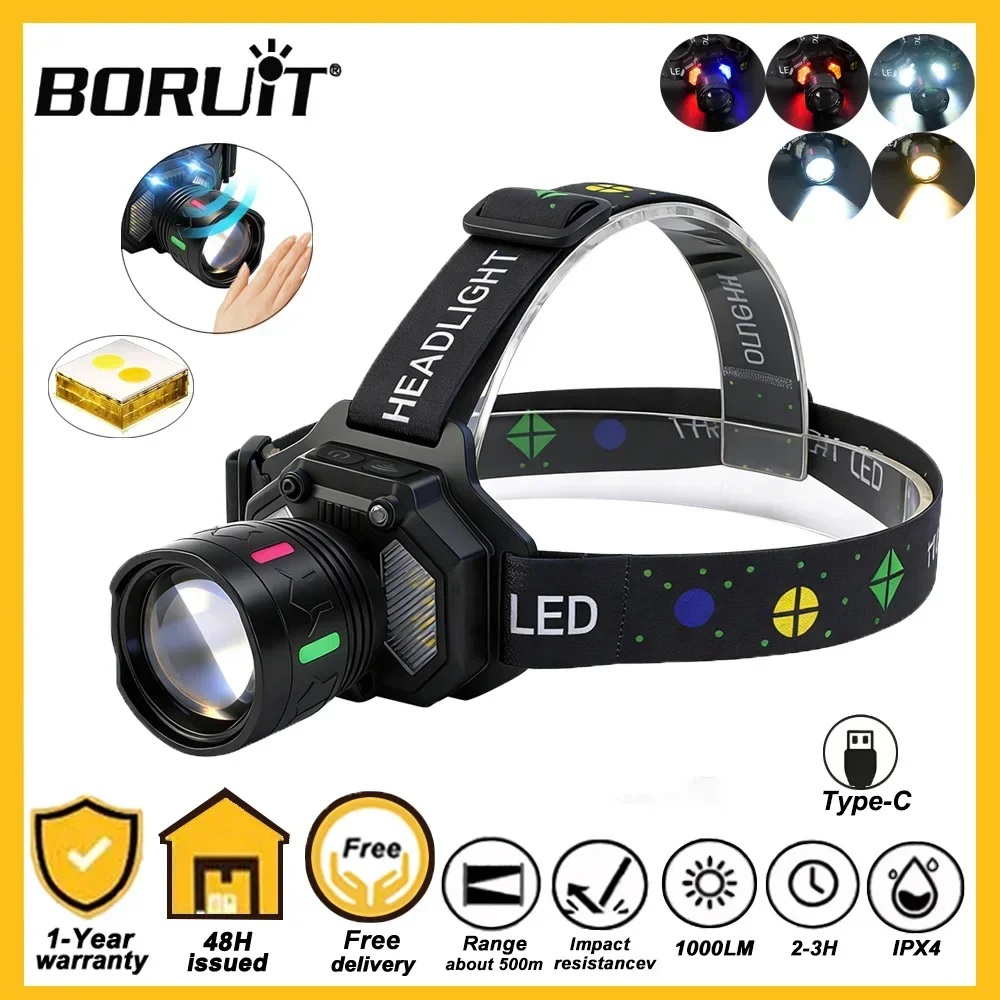

Налобный фонарь BORUiT 1000 лм, светодиодный, с зумом, датчиком, яркий, двойной свет, из алюминиевого сплава, перезаряжаемый (18650), для кемпинга и охоты