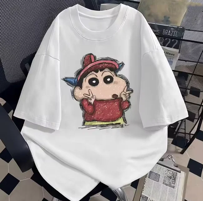 

2025 Summer Fashion Crayon Shin Chan Print Casual Women's T-shirt Short Sleeve Street Y2k Harajuku Loose Round Neck T-shirt