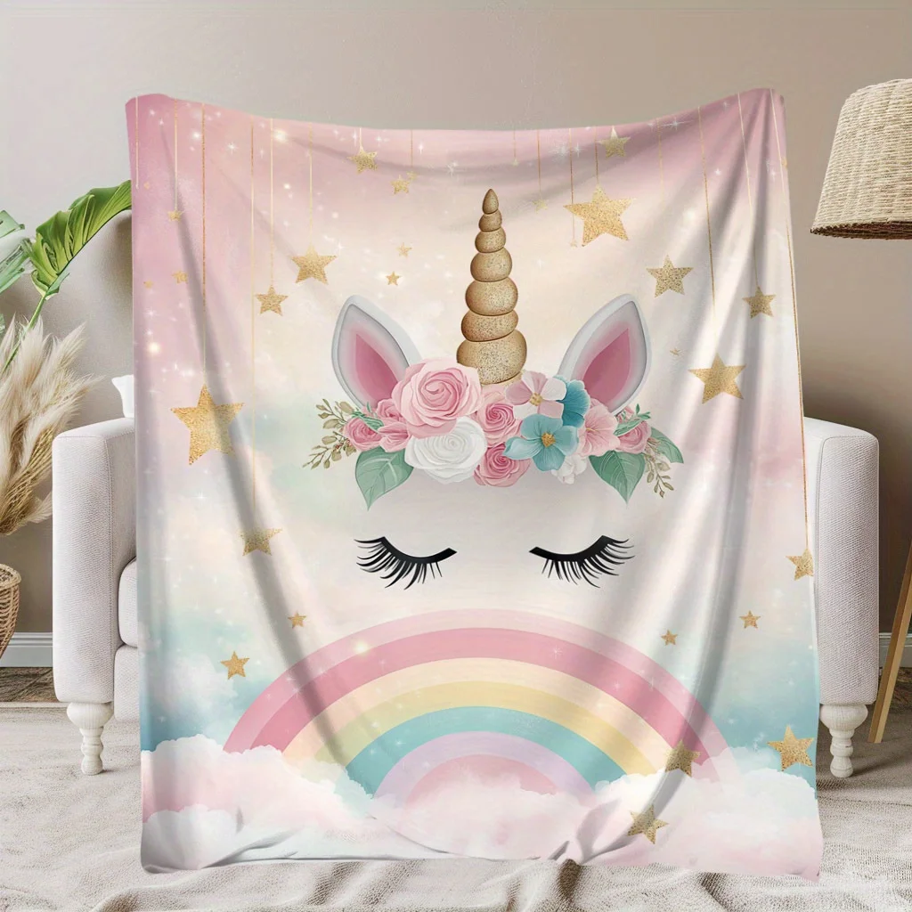 Plus Unicorn Element 1pc Unicorn, Rainbow, Star, Cloud Printed Blanket, Soft And Warm Commemorative Blanket, Suitable for Memora
