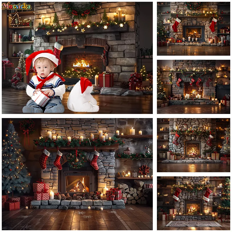 

Winter Photography Background Merry Xmas Christmas Wreath Fireplace Socks Backdrop New Year's Eve Party Kid Birthday Portrait