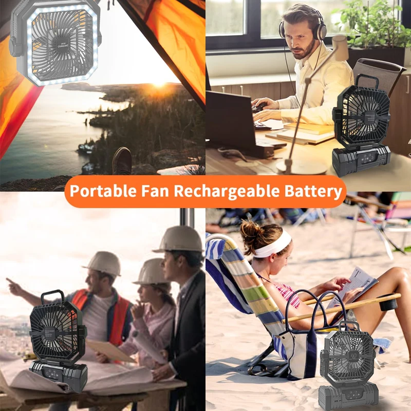 캠핑 팬 20000mAh 배터리 구동 팬 LED 조명으로 충전식 후크가 있는 휴대용 야외 텐트 팬 4 속도 바람 썸네일 3