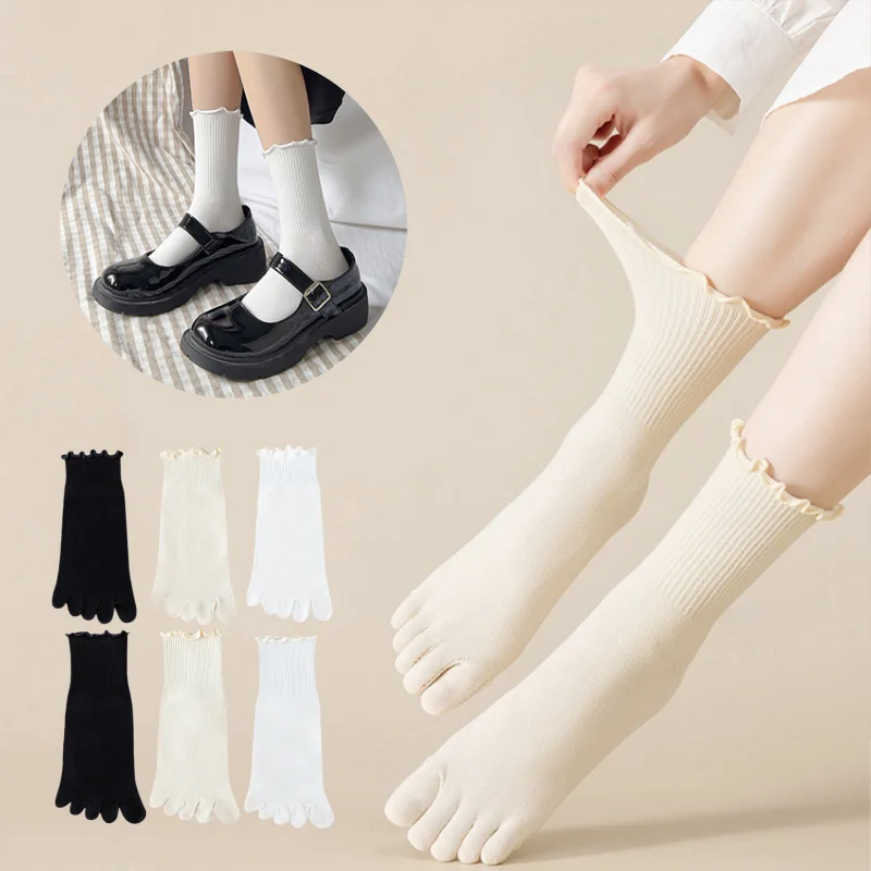 1/3 Pairs Women's 5-Toe Crew Socks Scalloped Lace Cotton Breathable Toe Separator Mid-Calf All Season Ankle Socks EU 35-40