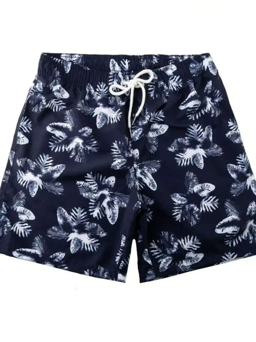Mens Tropical Print Quick-Dry Swim Trunks Elastic Drawstring Beach Shorts