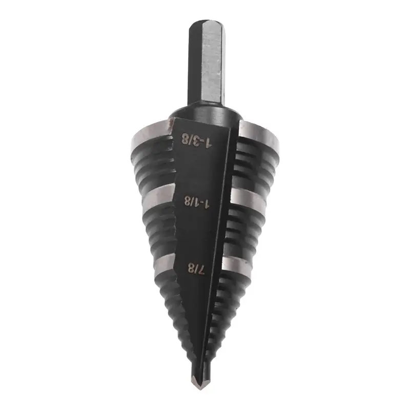 A34R High-Speed Steel Inch Step Drill, 3/8" Hexagonal Shank Nitrided Pagoda Drill, 7/8-1-3/8" Stainless Steel Hole Opening Cutte