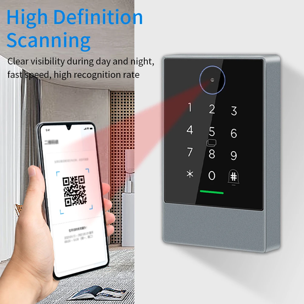 TTLOCK App WIFI QR Code التحكم في الوصول قارئ لوحة المفاتيح 13.56Mhz Rfid IP67 لوحة المفاتيح QRcode الماسح الضوئي K3QW العمل مع Alexa Google Home