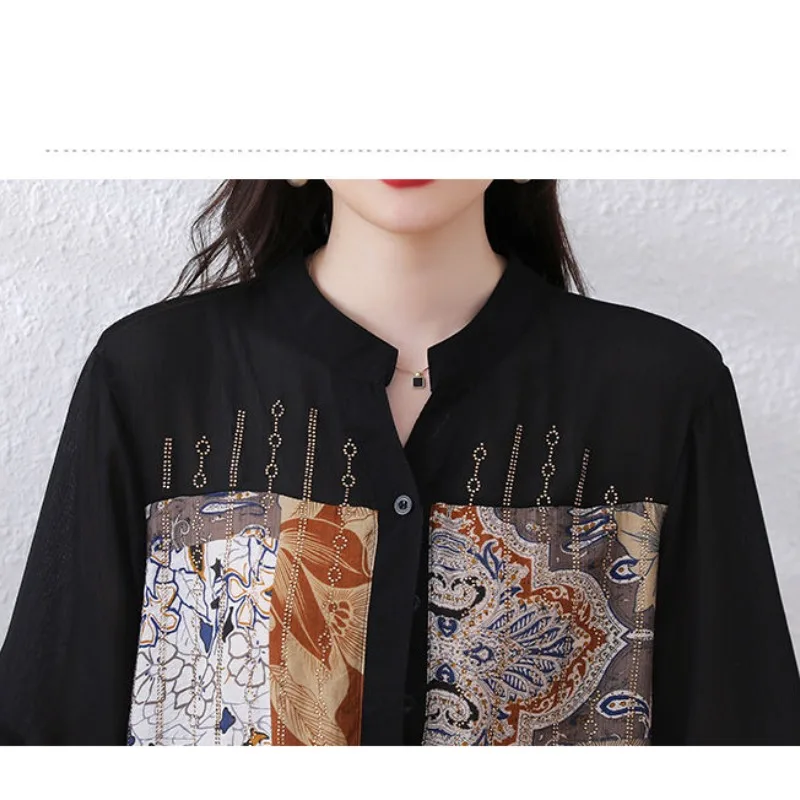 Summer Women\'s Pullover Round Neck Asymmetrical Bright Silk Button Chiffon Printed Geometric Pattern Casual Loose Elegant Tops