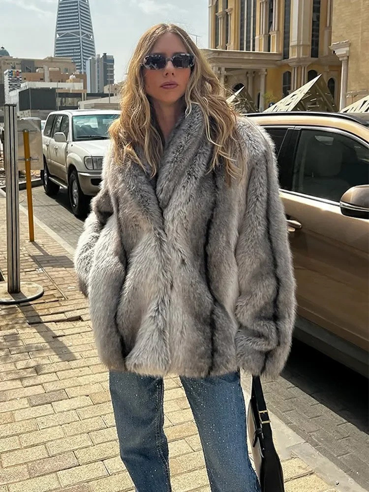 

Women Solid Cropped Faux Fur Coat Luxury Lapel Long Sleeve Fluffy Loose Single-breasted Jacket 2025 New Winter Lady Street Wear