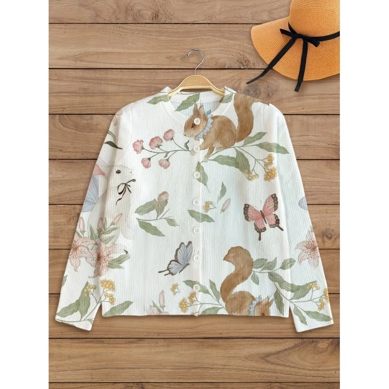 

Свитер для девочек с цветочным принтом белки, кардиган, теплый высококачественный кардиган с круглым вырезом и длинными рукавами на пуговицах, осень-зима, повседневная повседневная мода