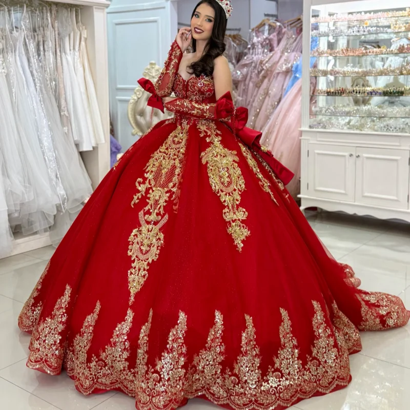 Red Quinceanera Dress off-shoulder Golden Glitter Decal  Long tail Bow vestidos de 15 Quinceanera ﻿Customize