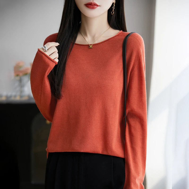 Women Fine Wool Knit Sweater Crimped Edge O-Neck Pullover Bottoming Long Sleeve Clothing Spring Autumn New Loose Tops Clothing