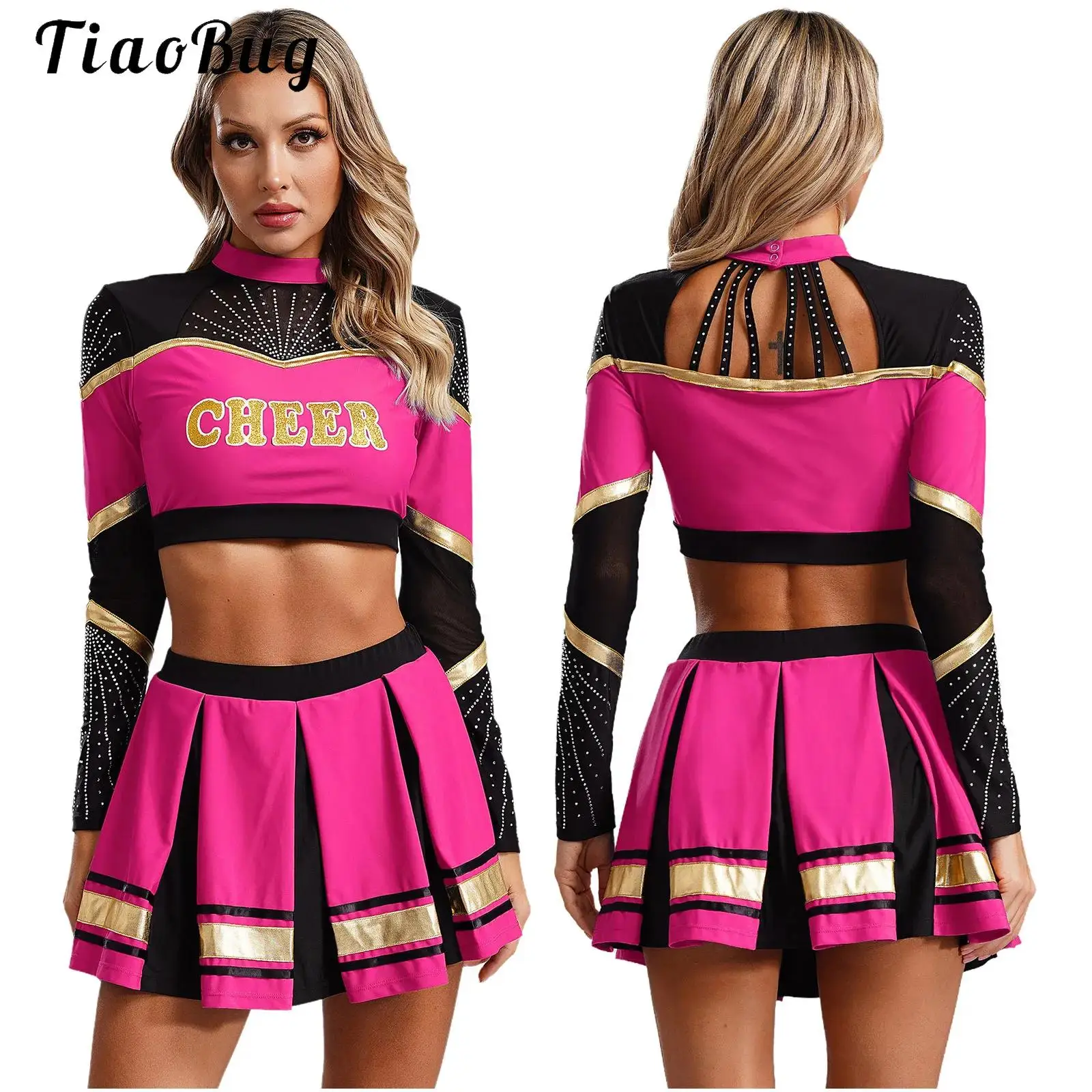 Sexy School Girl Cheerleader Costume Women Cheerleading Uniform Dancing Outfit Long Sleeve Crop Top with Pleated Skirt Rave Suit
