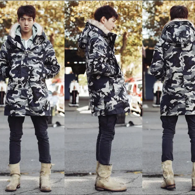 

Boy Hooded Camouflage Coat Oversized Faux Fur Collar Thick Long Cotton Coat Men Camo Parka Winter Overcoat Male Couple Wear 5xl