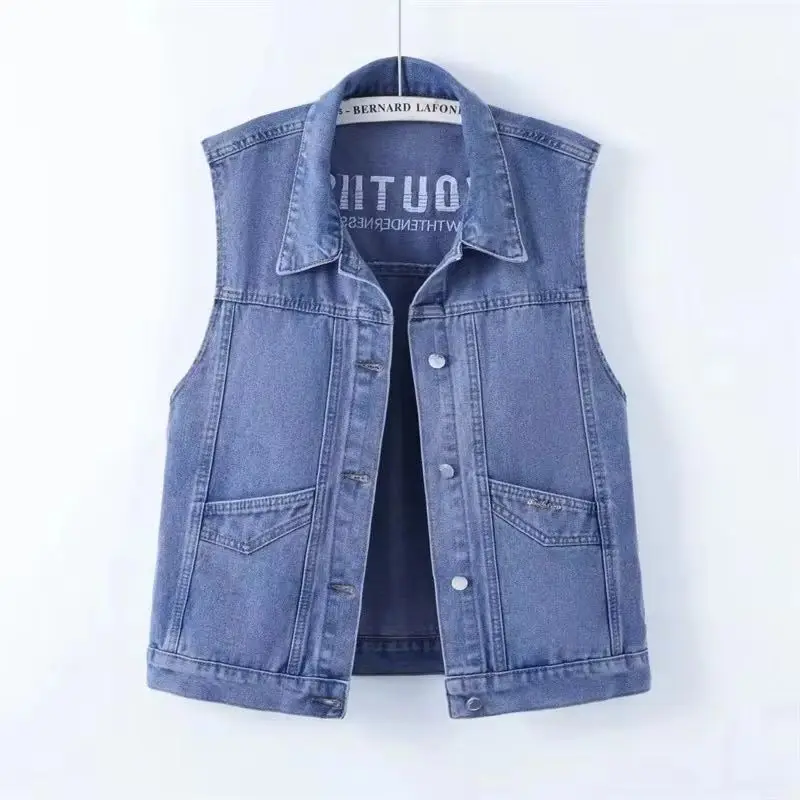 

Large Letter Design Casual Denim Vest 2025 Spring Autumn New Loose Versatile Pocket Sleeveless Denim Jacket Ladies Waistcoat