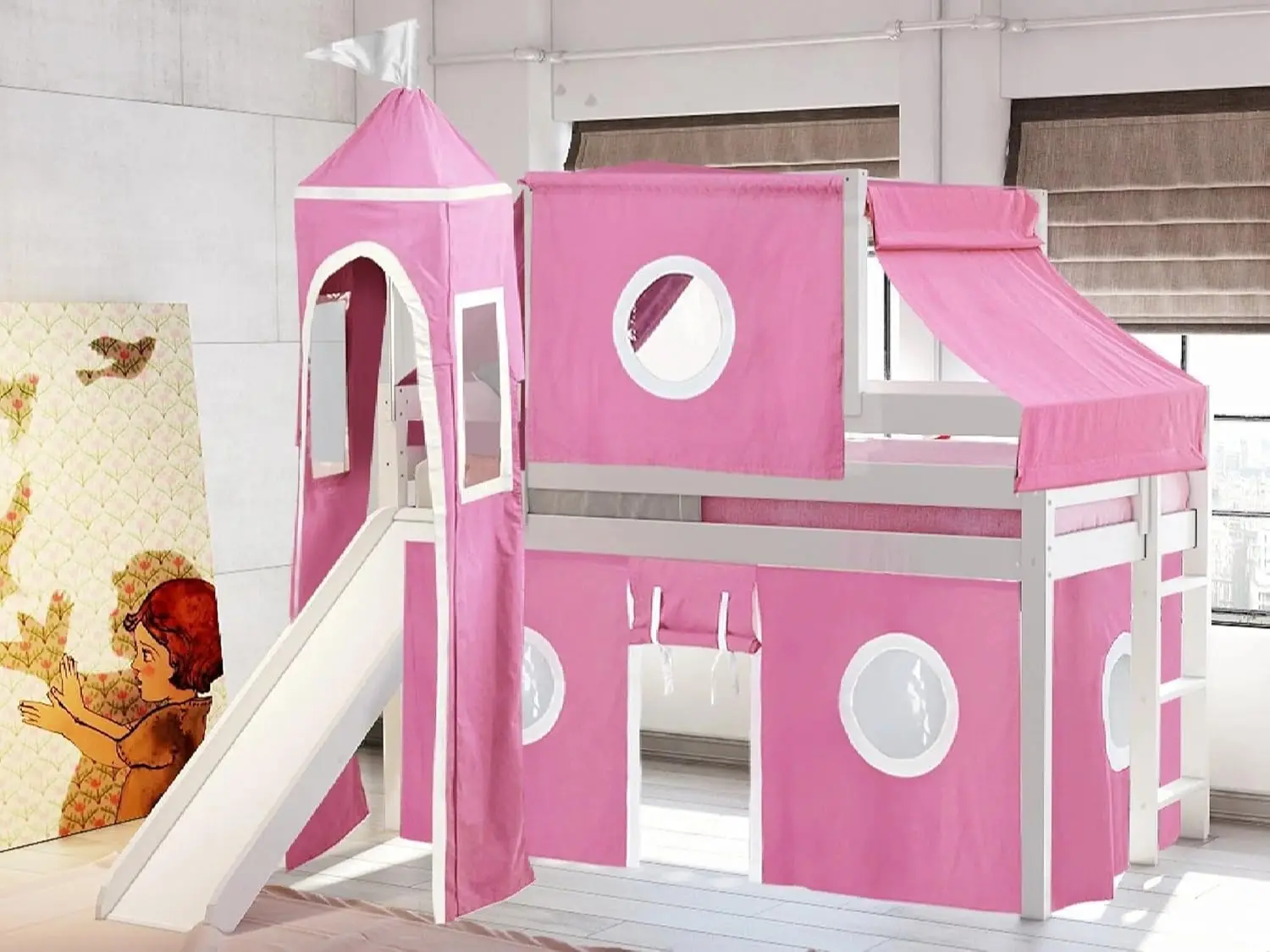 Princess Low Loft Bed with Slide, Pink and White Tent and Tower, Twin, White