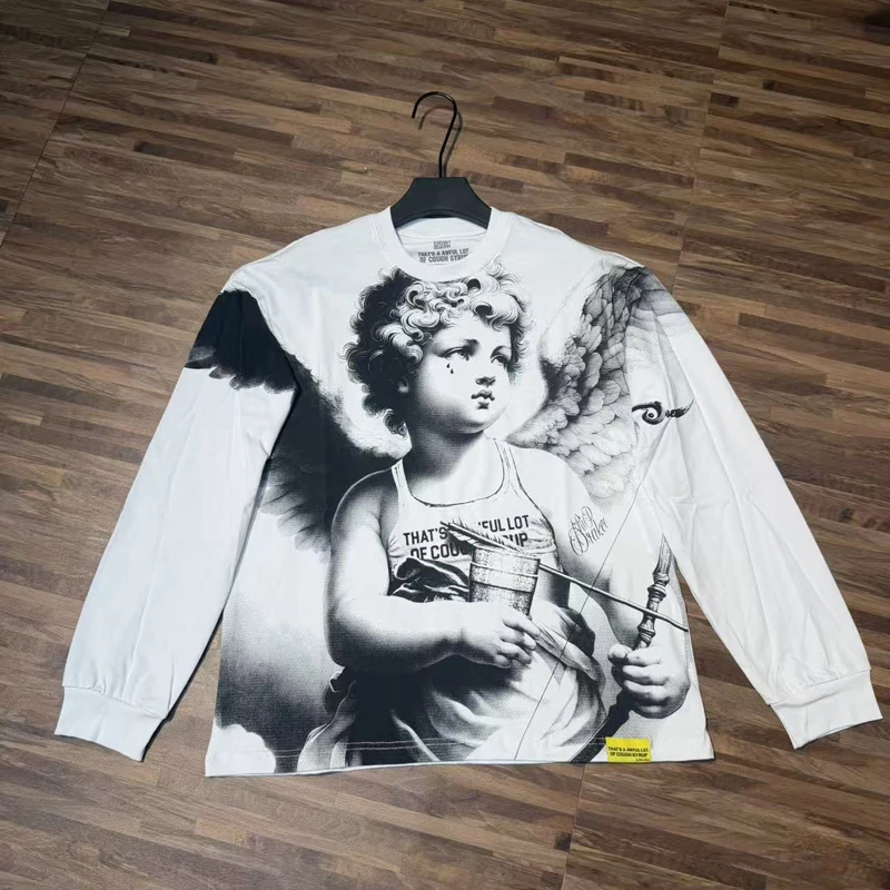 High Street Black White Angel Graphic THAT'S A AWFUL LOT OF COUGH SYRUP Long Sleeve Top Print Crew Neck Loose Trendy Men Tees