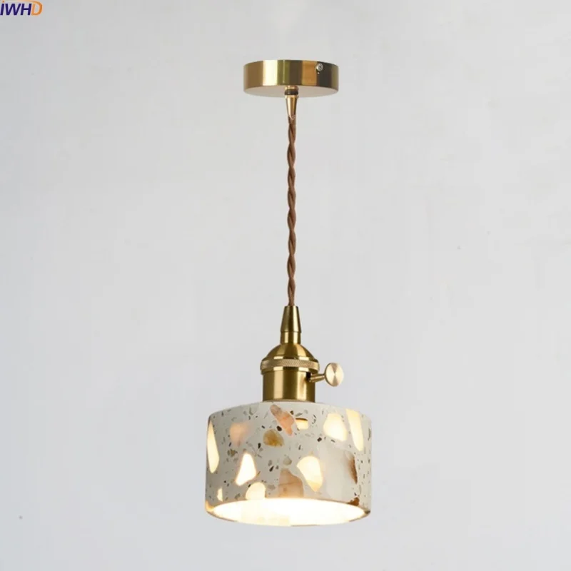 

IWHD Wire Adjustable LED Pendant Lamp Nordic E27 Living Room Bedside Retro Gold Copper Terrazzo Hanging Lights Applique Murale
