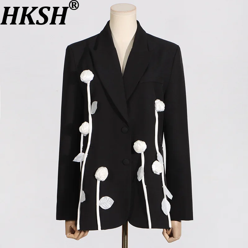 

HKSH Women Trend Blazer Color Block Three-dimensional Flower Single Breasted Slim Fit Elegant High-end Jacket New Spring HK19922