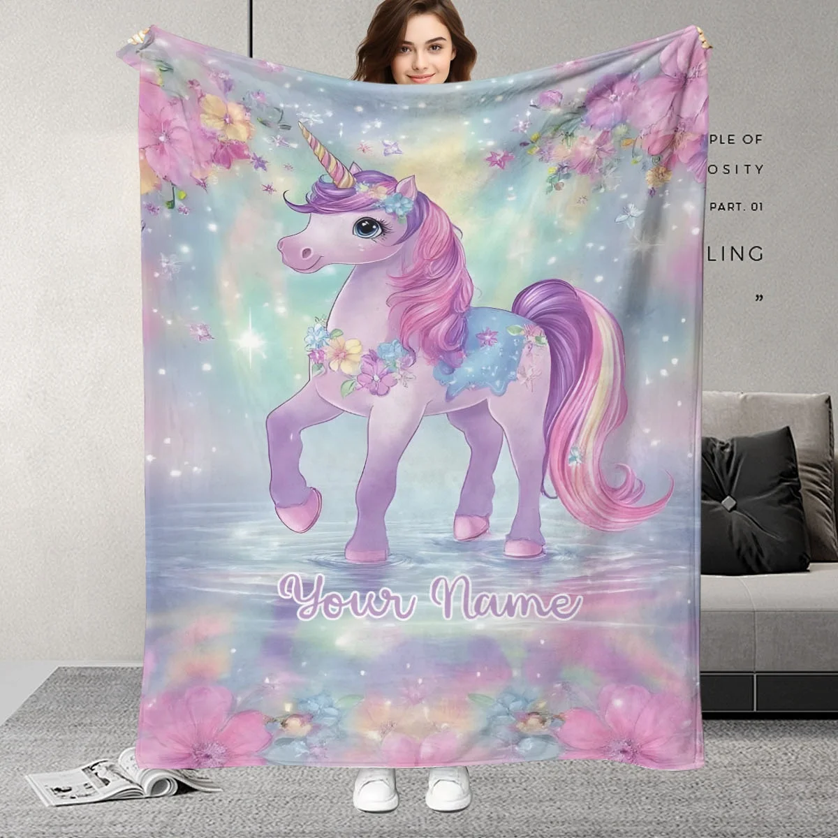 Custom Name Unicorn Floral Pattern Blanket, Dreamy Pink Purple Unicorn with Flowers & Stars , Birthday Gift, Sweet Fantasy Theme