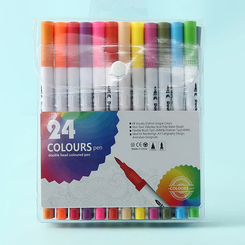 24 Colors Free Shipping Dual Brush Twin Art Markers Plumones Rotuladores Water-base Ink Removable Pens Stationery Art Supplies