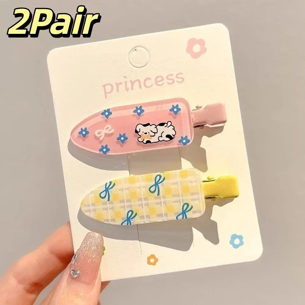 2pair New Acrylic Hair Clips Floral Plaid Hairpin Polka Dot No Bend Duckbill Barrettes for Women Girls