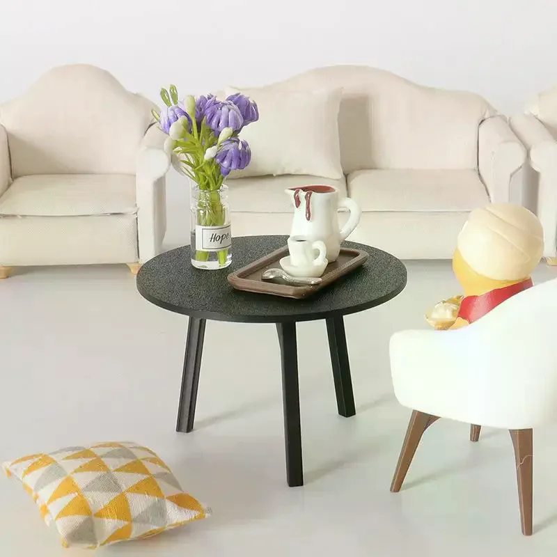 1/12 Poppenhuis Simulatie Mini Zwarte Ronde Tafel Model Meubels Accessoires Voor Poppenhuis Decor Kids Fantasiespel Speelgoed Gift