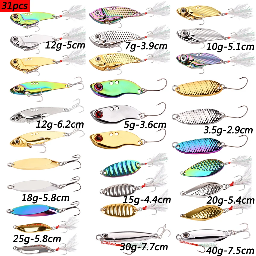 31pcs  Metal Laser VIB Fishing Lure Set 3.5/5/7/10/12/15/18/20/25/30/40g Crankbait Vibration Spoon Spinner Sinking Bait Tackle