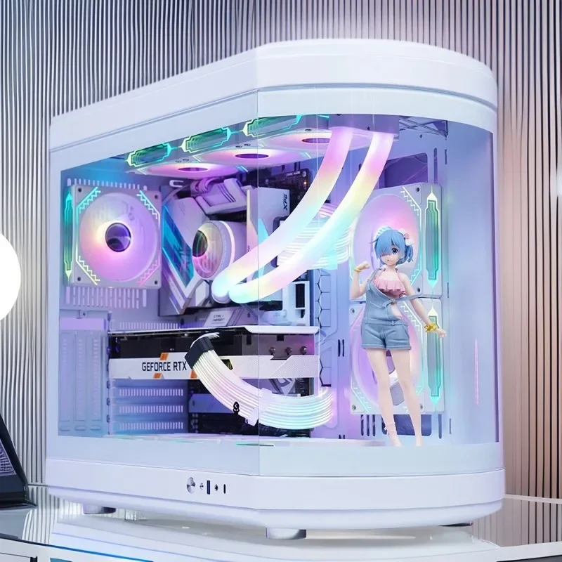 Bent glass desktop computer chassis supports 360 water-cooled sea view room side through game Internet cafe box