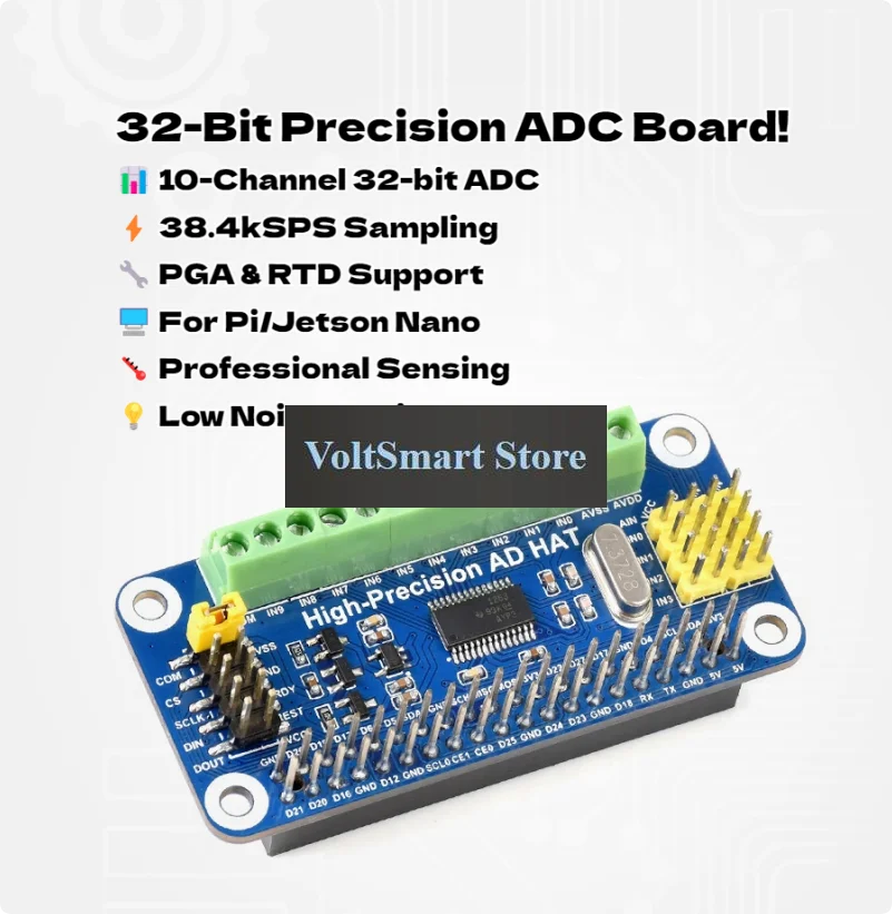 VoltSRaspberry Pi 32-Bit High Precision ADC Expansion Board - 10-Channel ADS1263 With 38.4kSPS, PGA & RTD Support For Pi/Jetson