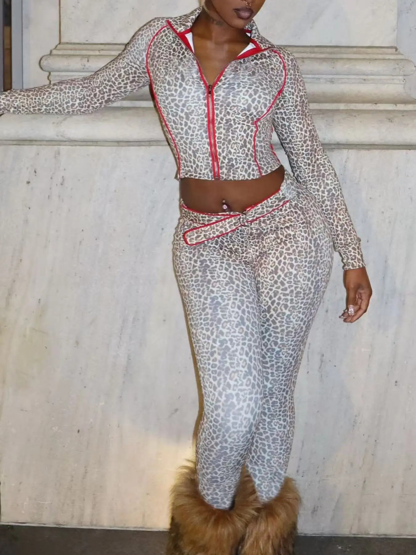 

Weird Puss Leopard Print 2 Piece Set Women Tracksuit Casual Crop Jacket+Metal Sash Leggings Street Matching Club Stretch Outfits