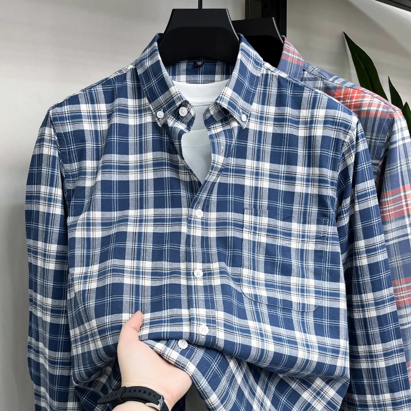 Men Trendy 100% Oxford Cotton Clothes 2026 Spring New Fashion Patchwork Colors Shirt Long Sleeve Breathable Pure Cotton Tops