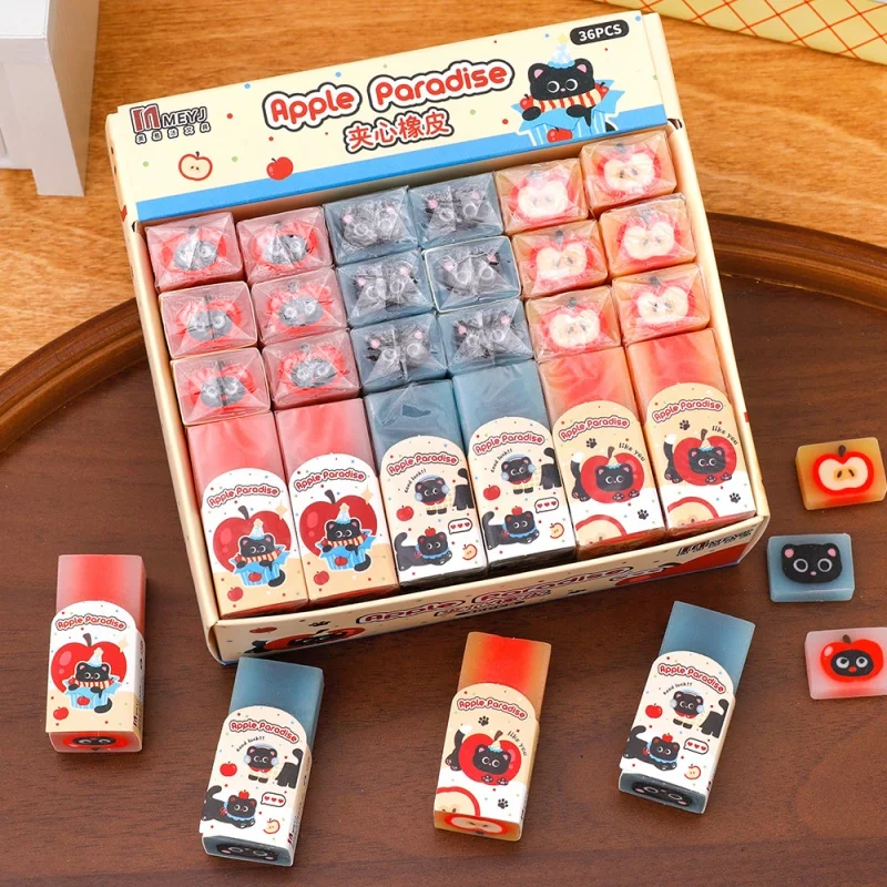 36pcs/lot Kawaii Apple Cat Eraser Cute Writing Drawing Rubber Pencil Erasers Stationery Kids Gifts