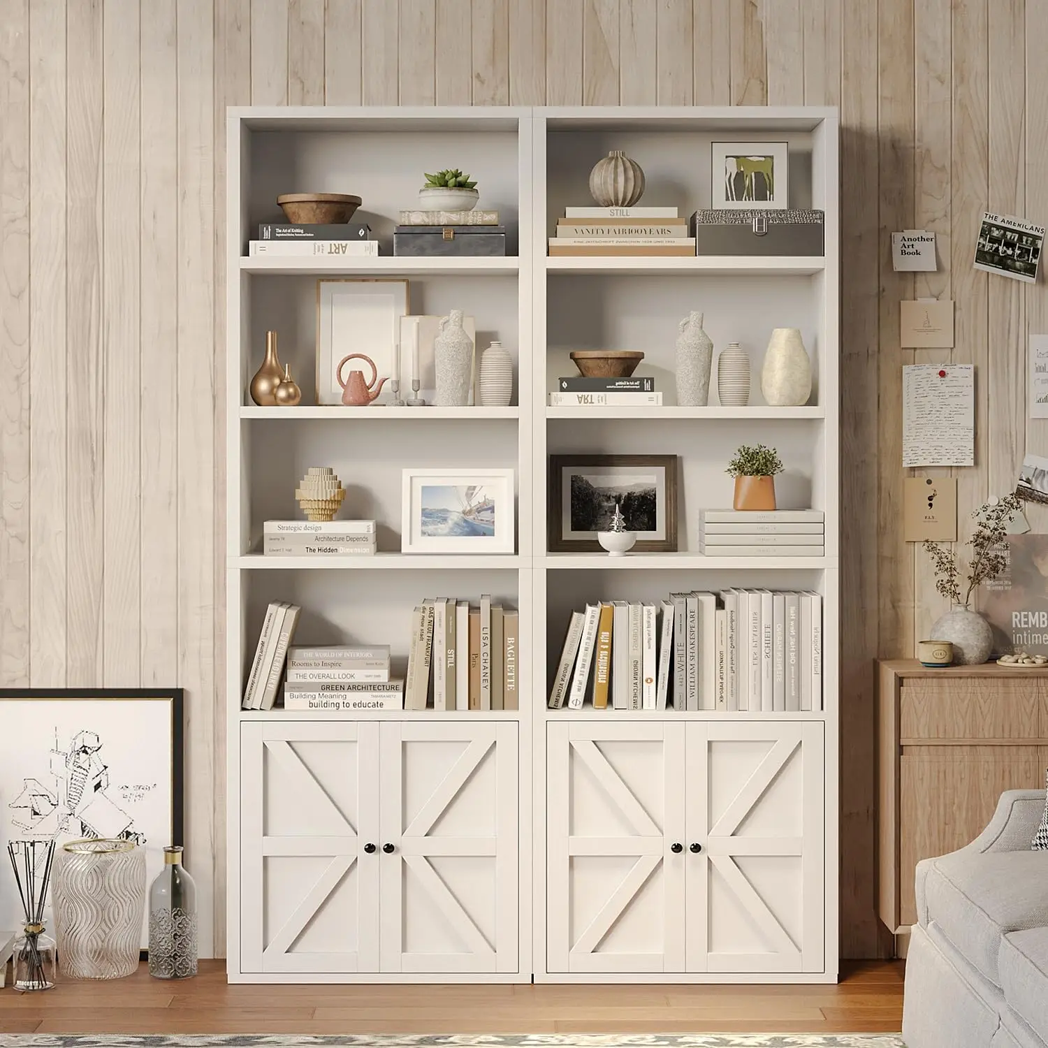 6-Tier Bookshelf and Bookcase Set of 2, Wooden Bookshelves with Cabinet Doors, Floor Bookshelves and Office Storage Cabinets for