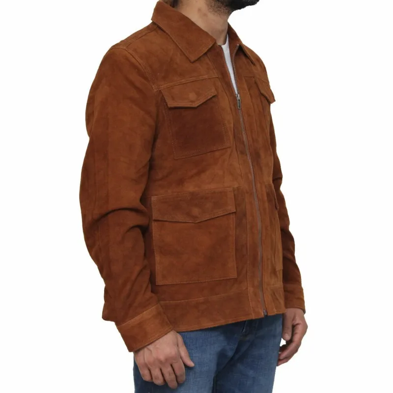 Men's Real Sheepskin Suede Leather Jacket Biker Zipper TAN Luxury Fashion Outfit