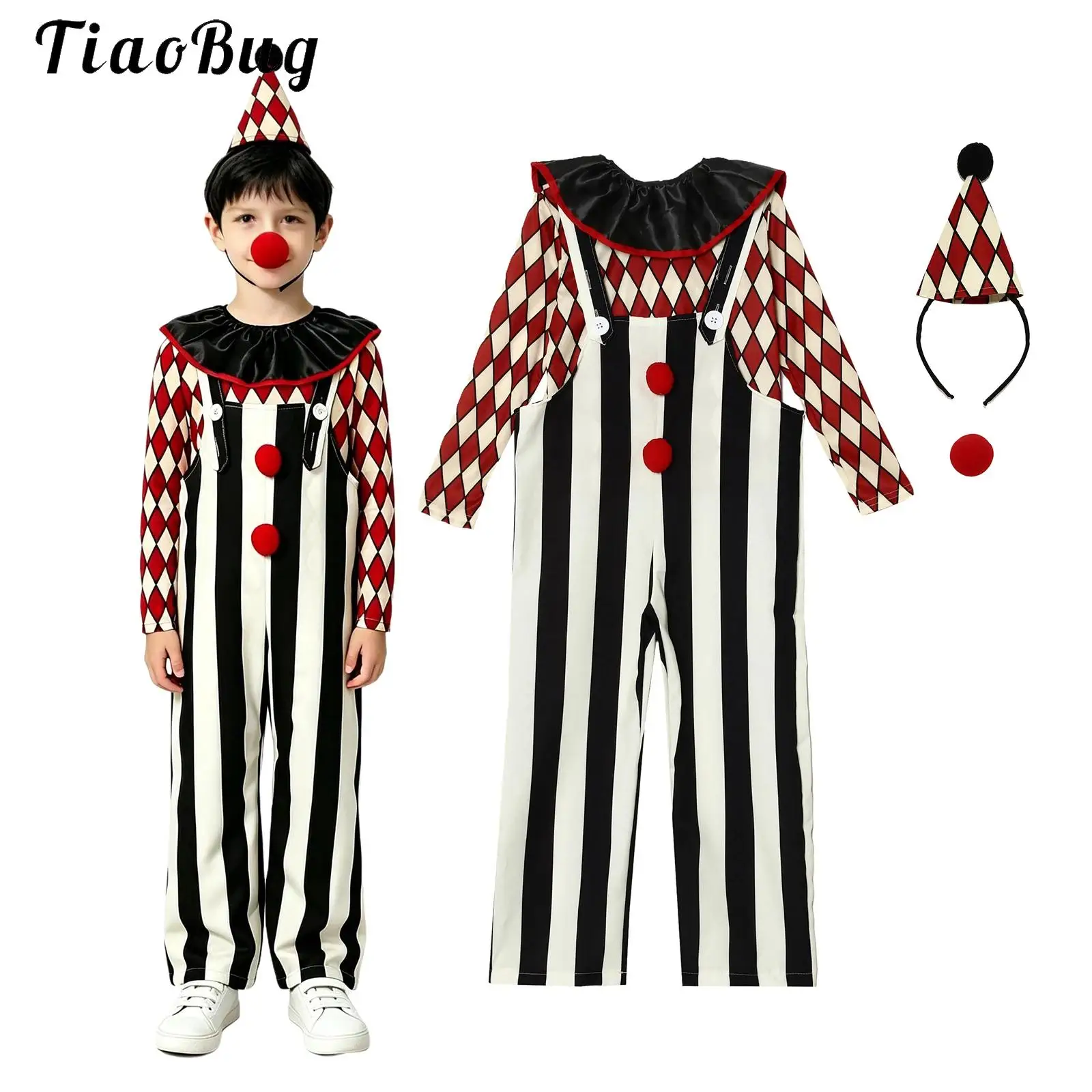 Kids Boys Clown Costume Diamond Pattern Long Sleeve Tops Striped Suspender Trousers with Hat Halloween Circus Performance Outfit