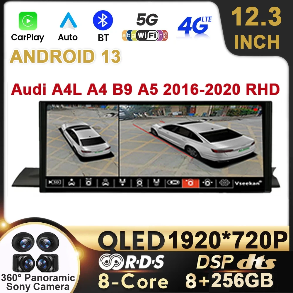 

12.3" Car Radio Carplay Player Android 13 For Audi A4L A4 B9 A5 2016-2020 RHD QLED HD Multimedia Video Autoradio Wireless Auto