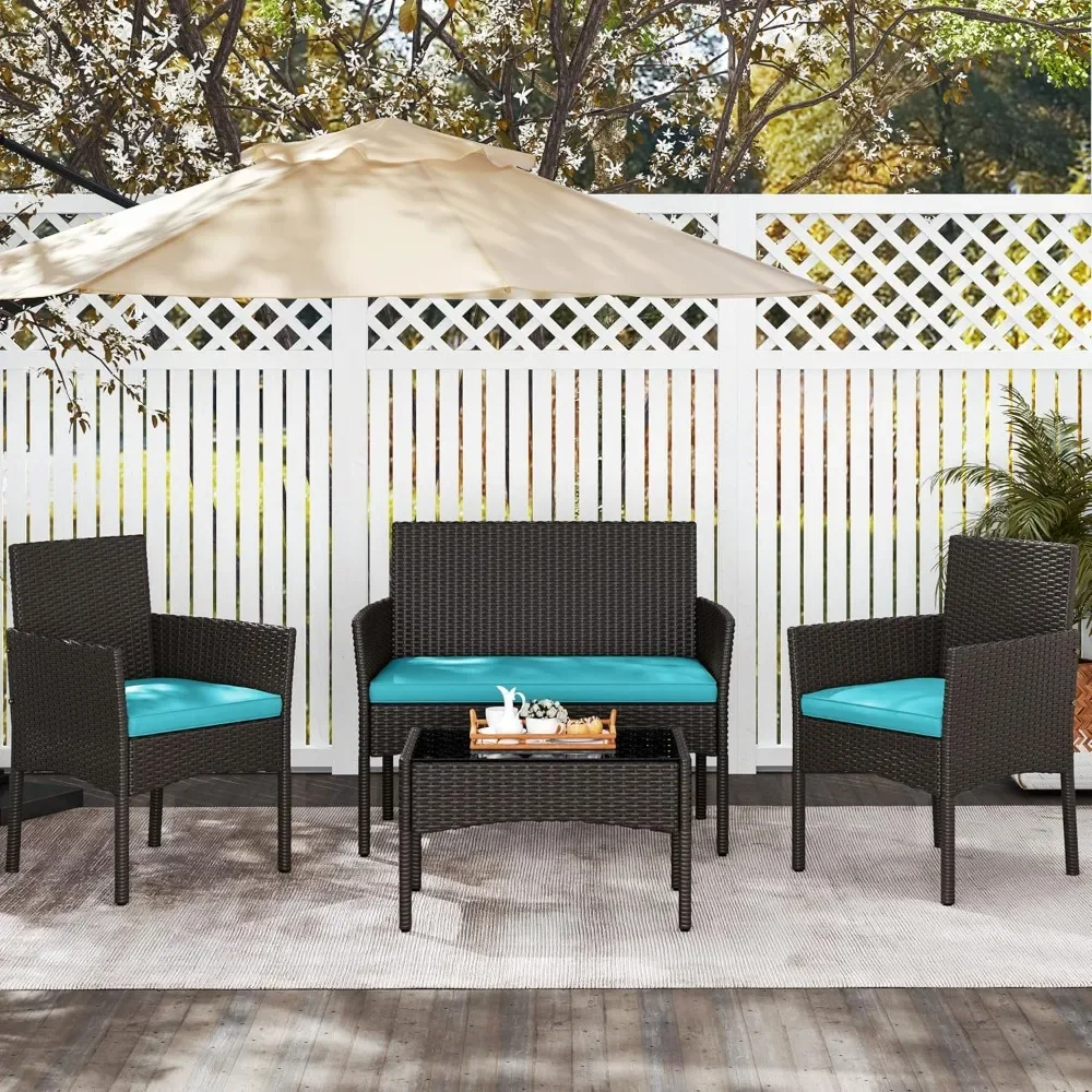 

Patio Furniture Set 4 Piece Conversation Set, Rattan Wicker Loveseat & Chairs with Cushions & Glass Table for Backyard