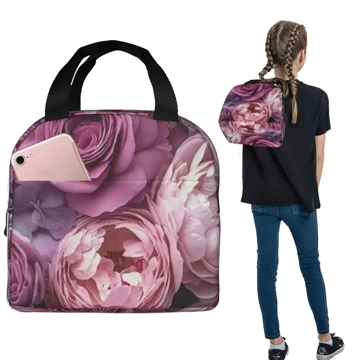 Light Purple Floral Pattern Insulated Lunch Bag for Women Kids Portable Food Boxes Thermal Lunch Box Tote
