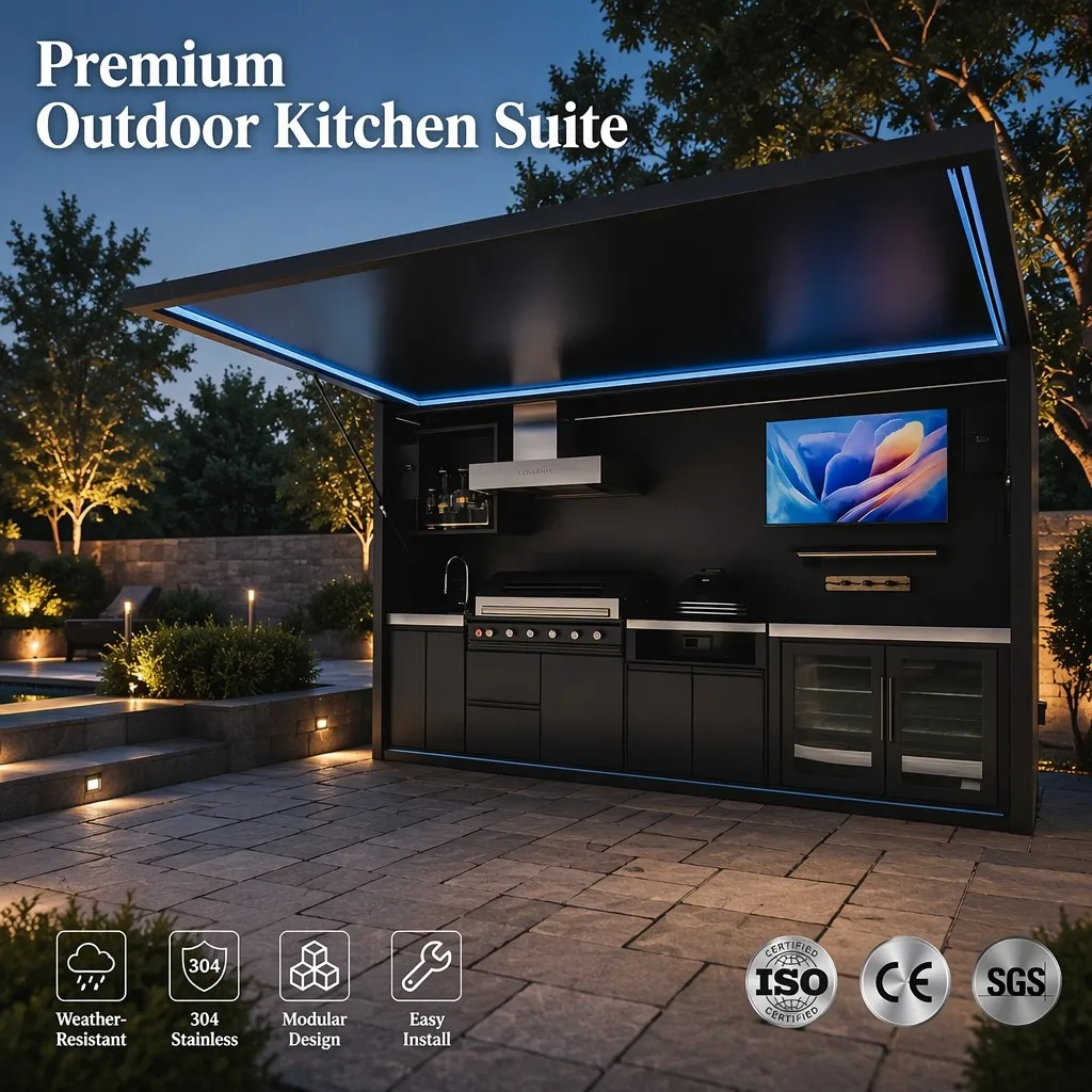 Custom Modular 304 Stainless Steel Outdoor Kitchen Unit, Weatherproof BBQ Island with Sink & Hinges for Patio