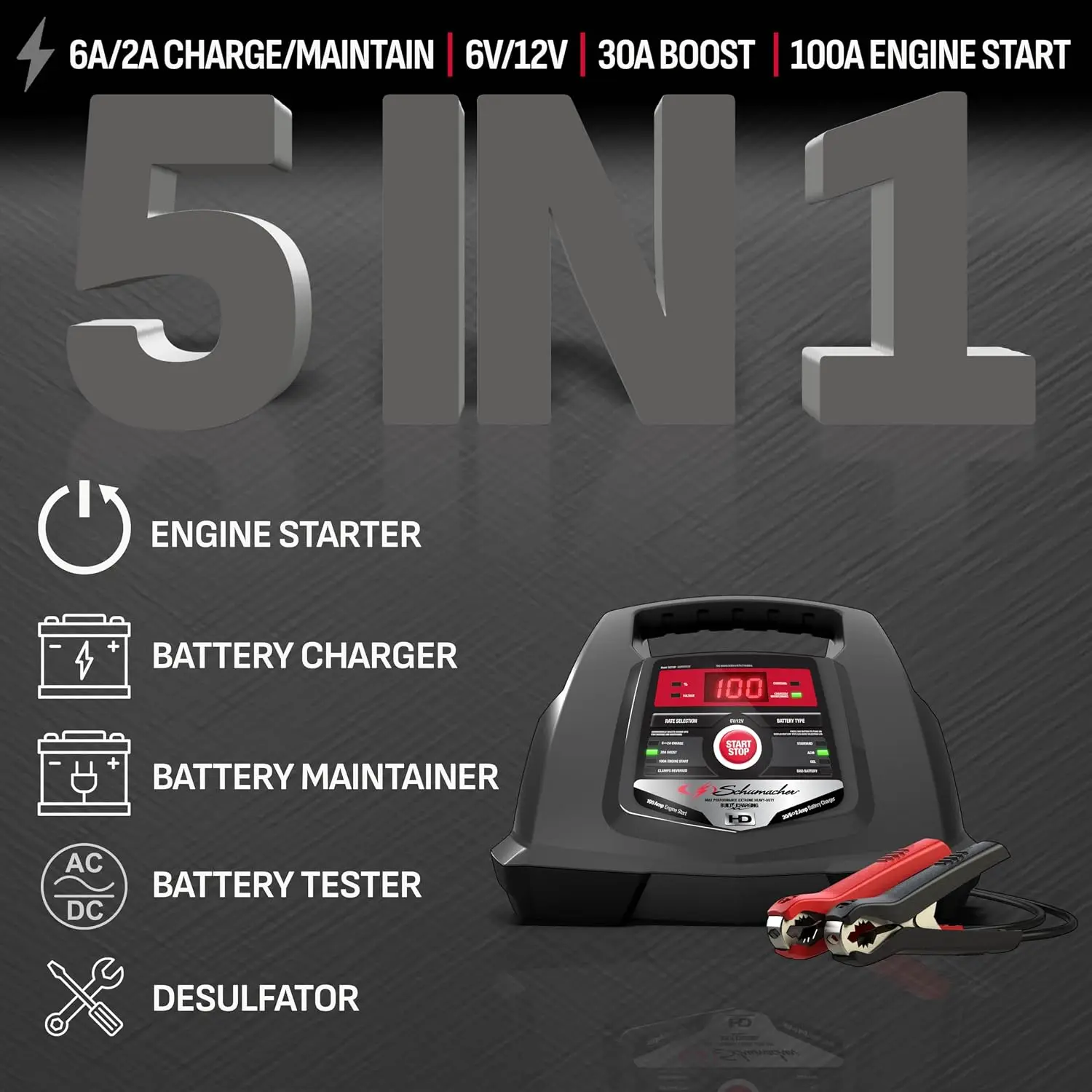 6A Car Battery Charger and 100A Engine Starter, 5-in-1 Solution, Maintainer, 30A Boost, for 6V/12V Power Sport, Automotive