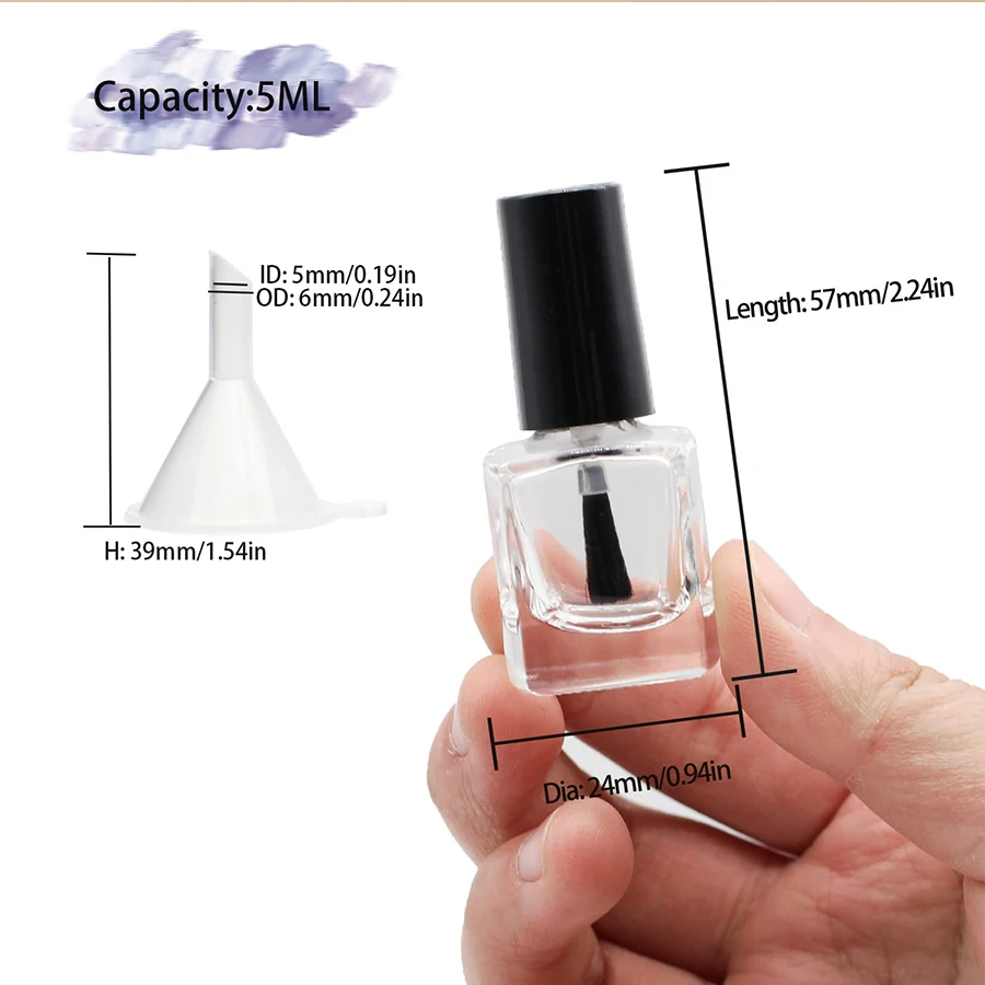 6 pezzi + 6 accessori Bottiglie vuote per smalto con imbuto a pennello con 6 bottiglie per smalto, 3 imbuto, 3 contagocce, 5 ml